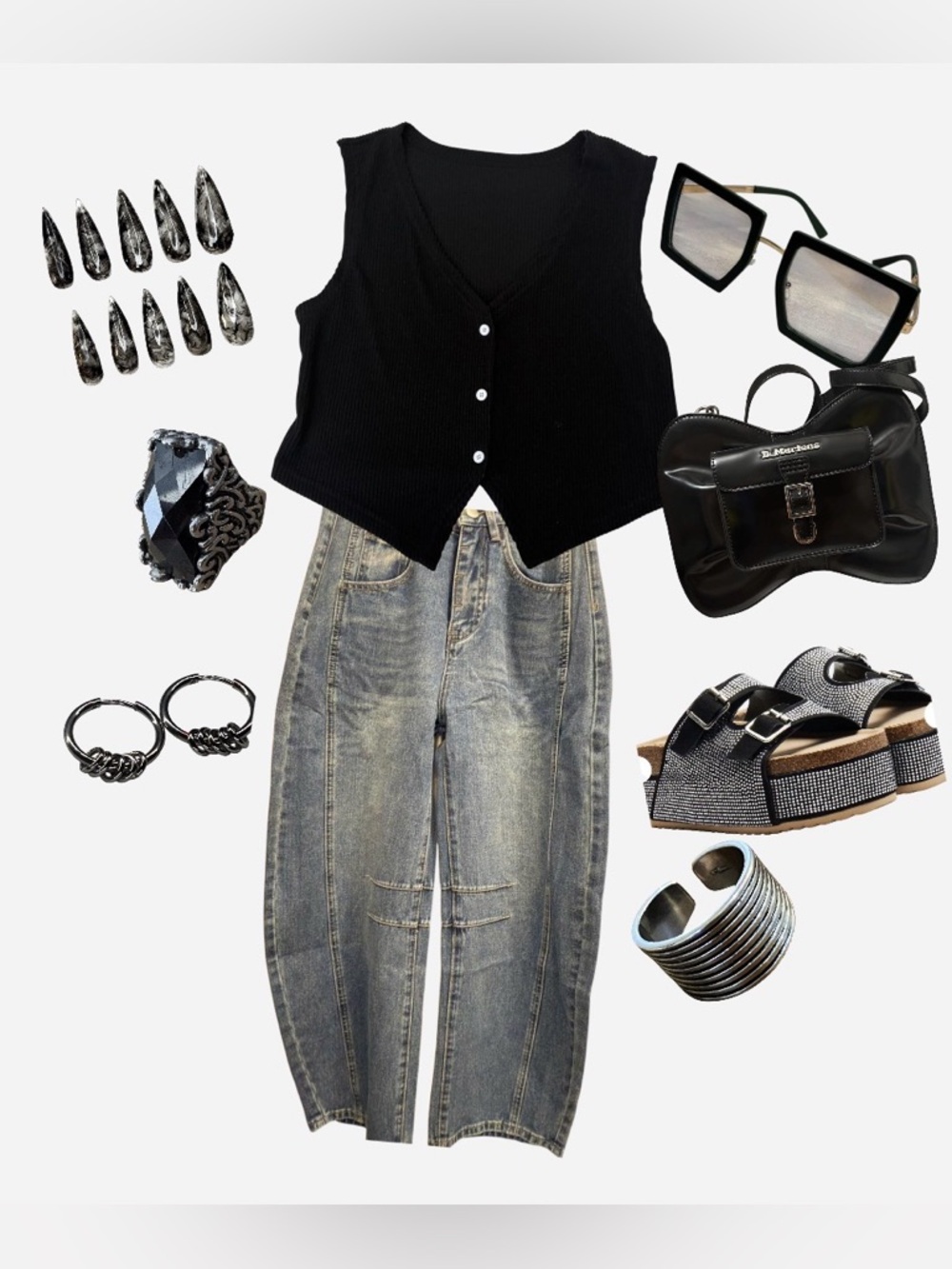 Black Platform Silver Buckle Slides